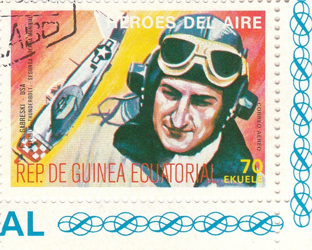 Марка поштова гашена. "F. S. Gabreski - USA. Republ 40 Thunderbolt. Segunda Guerra Mundial. Heroes del Aire. República de Guinea Ecuatorial"