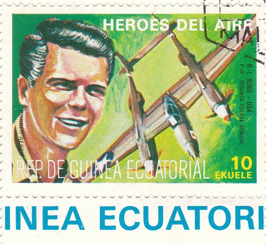 Марка поштова гашена. "R. I. Bong - USA. P-38. Segunda Guerra Mundial. Heroes del Aire. República de Guinea Ecuatorial"