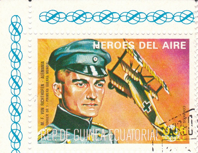 Марка поштова гашена. "M. F. Von Richthofen - Alemania. Fokker DR 1. Primera Guerra Mundial. Heroes del Aire. República de Guinea Ecuatorial"
