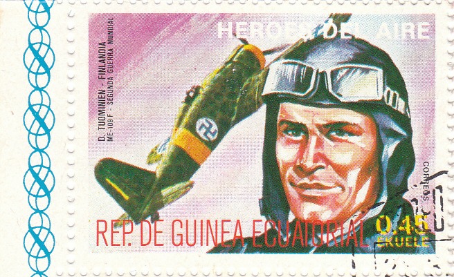  Марка поштова гашена. "D. Tuominien - Finlandia. Me-109 F. Segunda Guerra Mundial. Heroes del Aire. República de Guinea Ecuatorial"