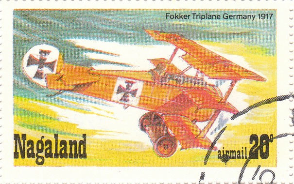  Марка поштова гашена. "Fokker Triplane. Germany. 1917.  Nagaland" 