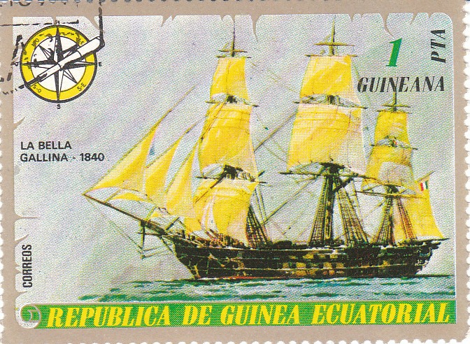 Марка поштова гашена. "La bella Gallina - 1840". Republika de Guinea Ecuatorial. 1976