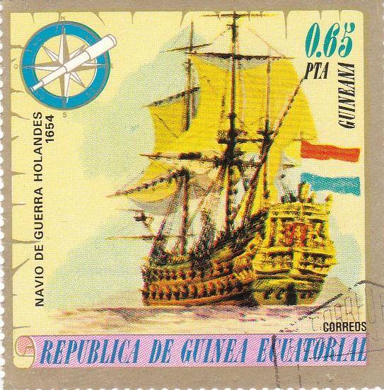 Марка поштова гашена. "Navio de Guerra Holandes 1654". Republika de Guinea Ecuatorial