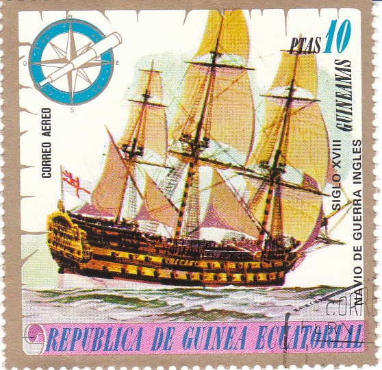  Марка поштова гашена. "Siglo XVIII. Navio de Guerra Ingles". Republika de Guinea Ecuatorial