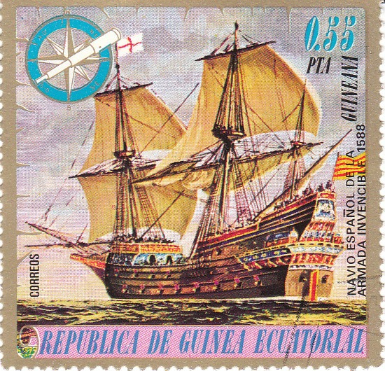 Марка поштова гашена. "Navio Espanol de la  Armada Invencible 1588". Republika de Guinea Ecuatorial