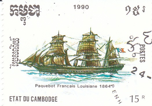 	 Марка поштова гашена. "Paquebot Francais Louisiane 1864". Etat du Cambodge. 1990