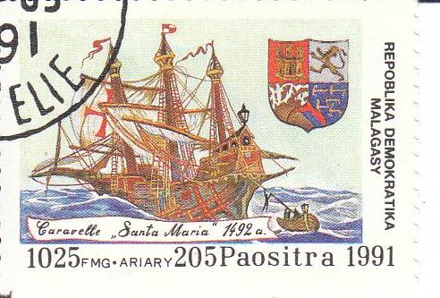 Марка поштова гашена. "Caravelle "Santa Maria" 1492 a. Repoblika Demokratika Malagasy". 1991